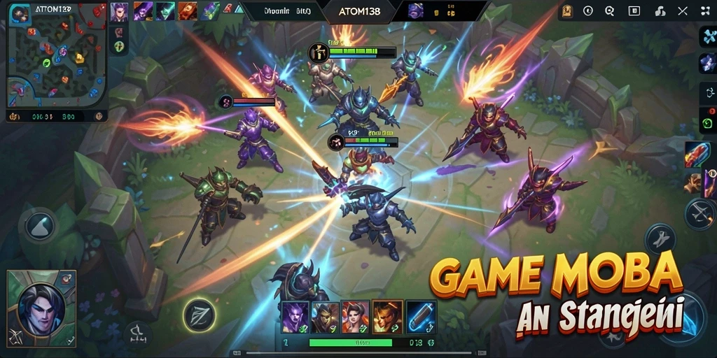 Tangkapan layar utama ATOM138 menampilkan aksi pertempuran yang intens dalam gameplay MOBA.