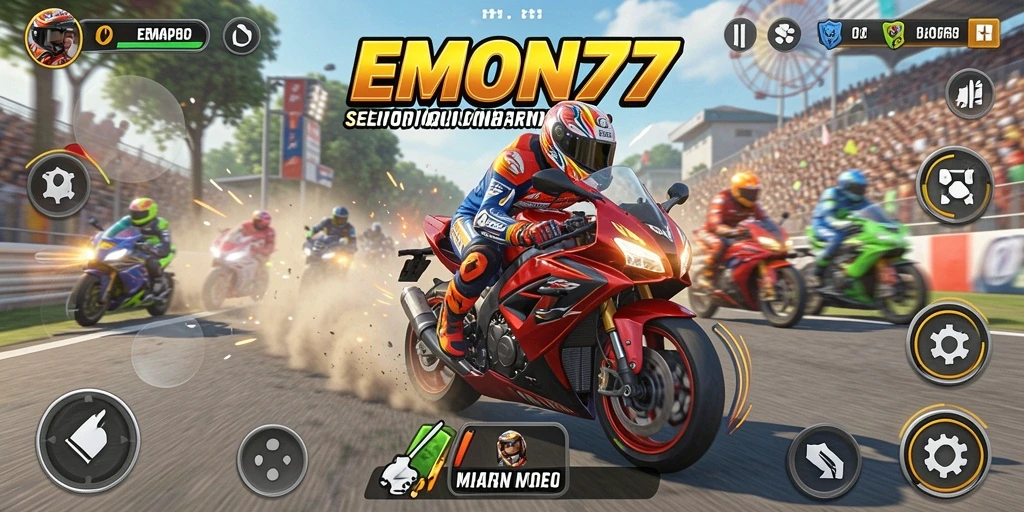 Tampilan seru dari gameplay balapan motor di EMON77.