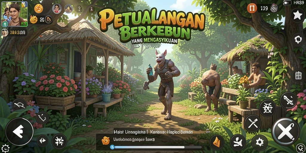 Tampilan gameplay HR89 yang menyenangkan dengan aktivitas berkebun yang menarik.