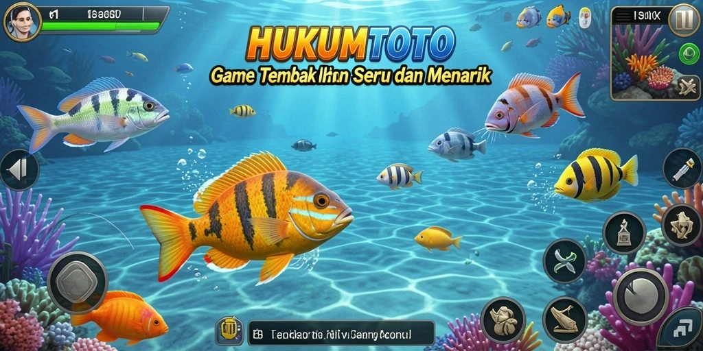 Tangkapan layar gameplay HUKUMTOTO dengan aksi menembak ikan.