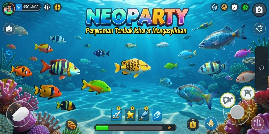 Screenshot gameplay NEOPARTY yang penuh aksi menembak ikan.