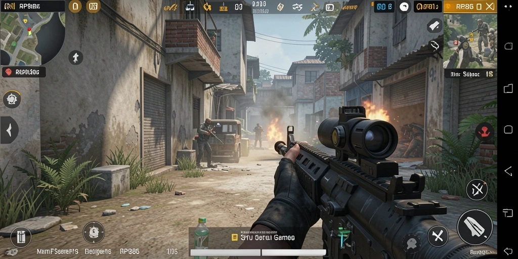 Screenshot gameplay RP886 dengan aksi tembak-menembak yang intens.