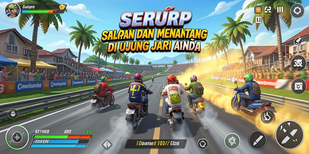 Tangkapan layar permainan SERURP dengan aksi balapan yang mendebarkan.